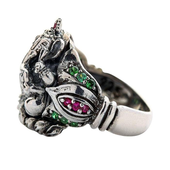 Side profile of the Ganesha ring, showing the red and green CZ crystals set into the lotus base.