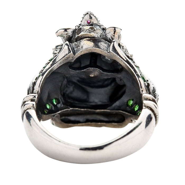 Top-back view of the Ganesha gemstone ring, highlighting the oxidized details and intricate carving.
