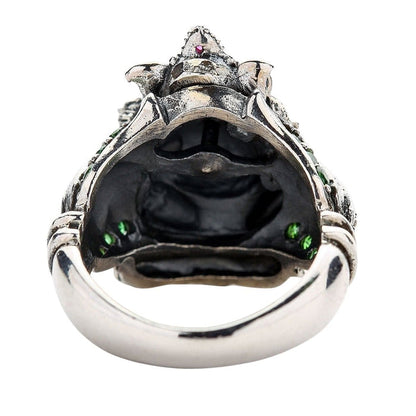 Top-back view of the Ganesha gemstone ring, highlighting the oxidized details and intricate carving.