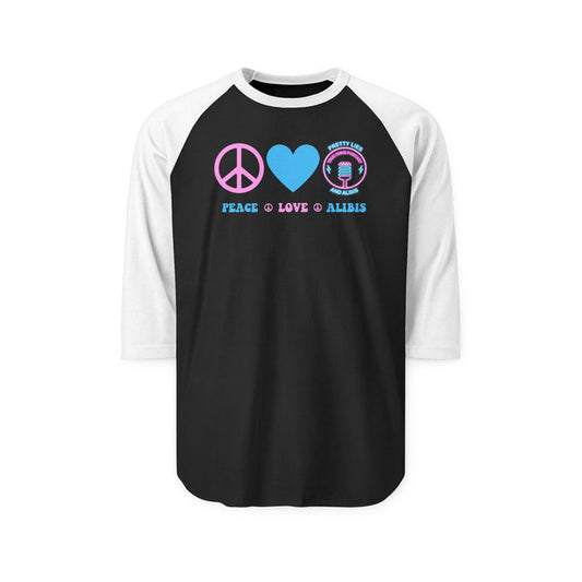 Peace, Love & Alibis Unisex Raglan Shirt – New 2025