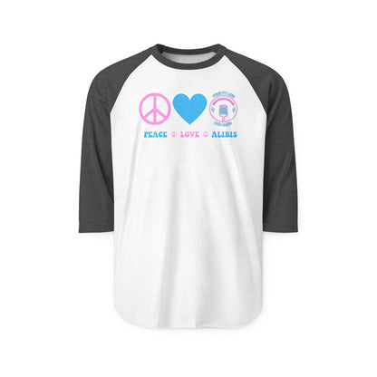 Peace, Love & Alibis Unisex Raglan Shirt – New 2025
