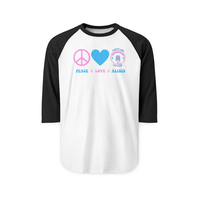 Peace, Love & Alibis Unisex Raglan Shirt – New 2025