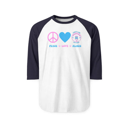 Peace, Love & Alibis Unisex Raglan Shirt – New 2025