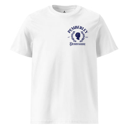 Pemberley T-shirt - The Bean Workshop - Austenites, Bookish Gift, Bookstagram, Collegiate Style, Dark Academia, Jane Austen, Left Chest Print, Minimalist Literary T-shirt for Readers, Pemberley Derbyshire Est 1813 Shirt, Pride and Prejudice, Reader Fashion, Ribbed neck T-shirt, Silhouette Design, T-shirt