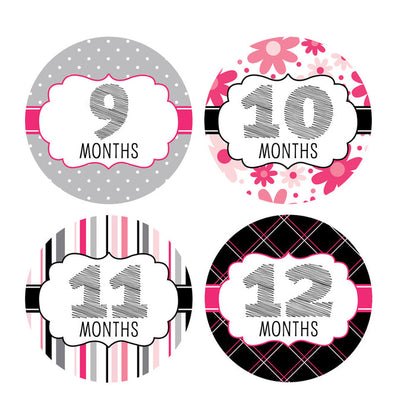 Pink, Gray & Black Monthly Baby Stickers onesie sticker - INKtropolis