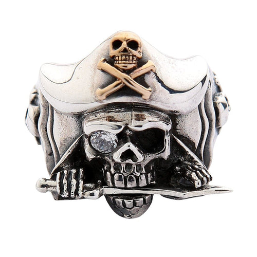 A premium men's pirate ring in two-tone sterling silver and gold, featuring a detailed skull wearing a tricorn hat.