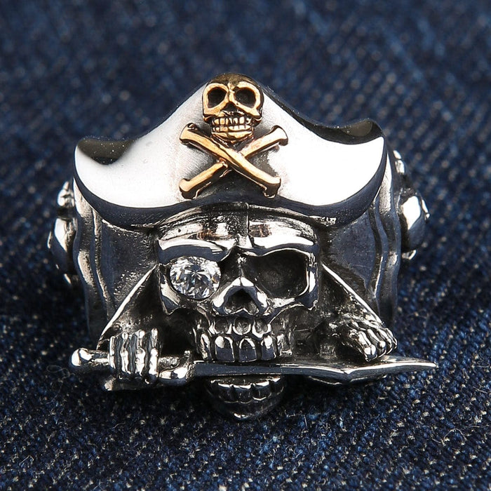 A piece of heavy sterling silver pirate jewelry for men: a 25-gram ring with a skull and crossbones emblem.