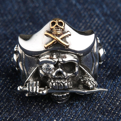 A piece of heavy sterling silver pirate jewelry for men: a 25-gram ring with a skull and crossbones emblem.