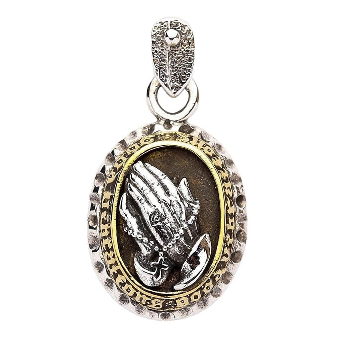 A men's Catholic necklace pendant showing the detailed Praying Hands with a rosary.