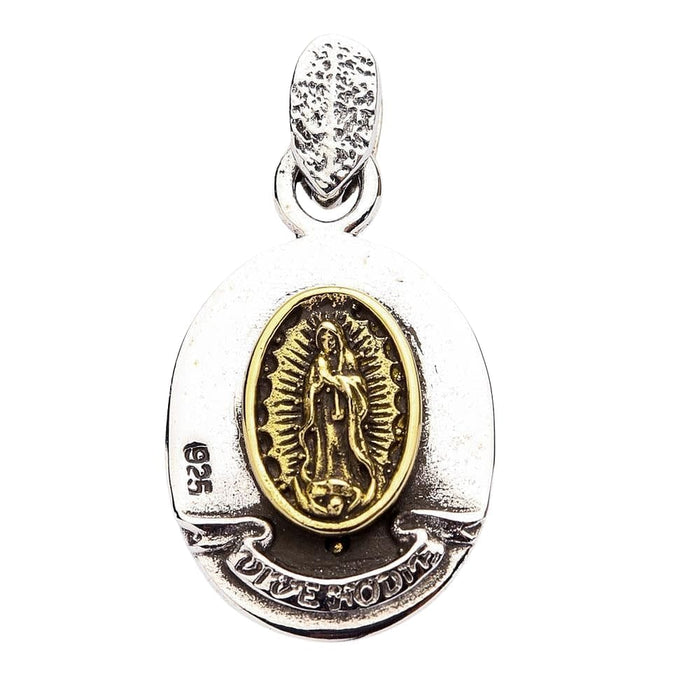 The back of the religious medallion, featuring Our Lady of Guadalupe and the inscription 'Vive Hodie'.