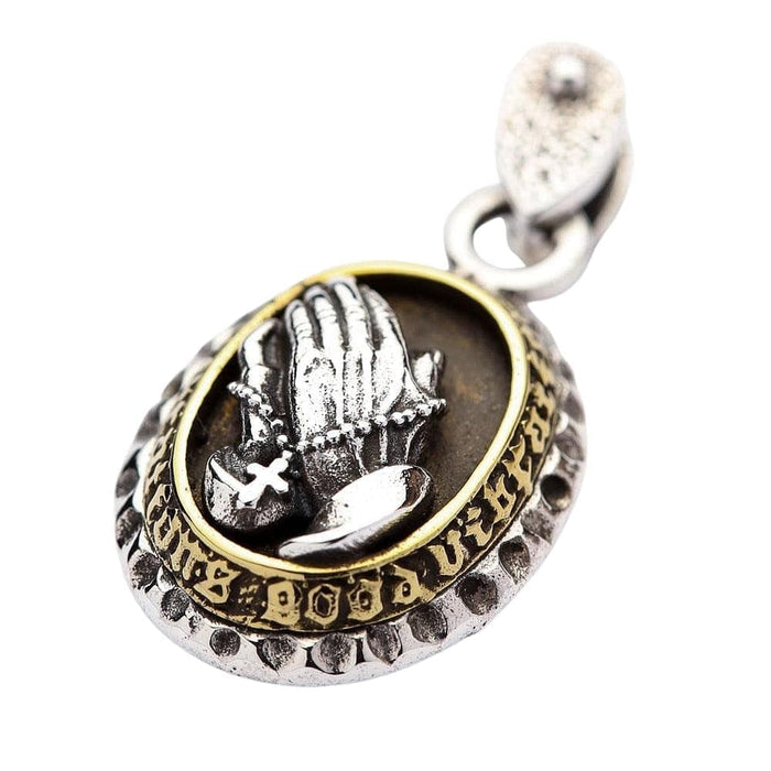 A two-tone devotional pendant for men, handcrafted from sterling silver and brass.