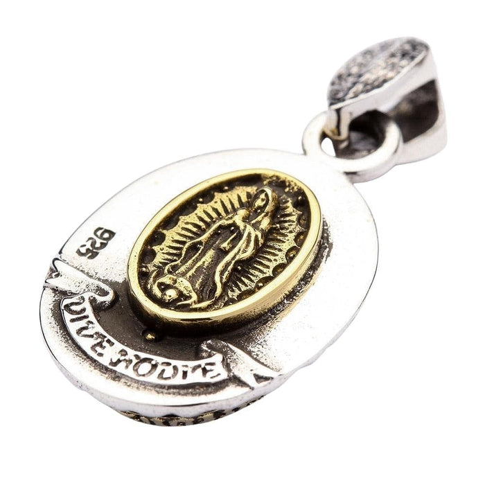 The back of a silver and brass medallion honoring the Patroness of the Americas, Our Lady of Guadalupe.