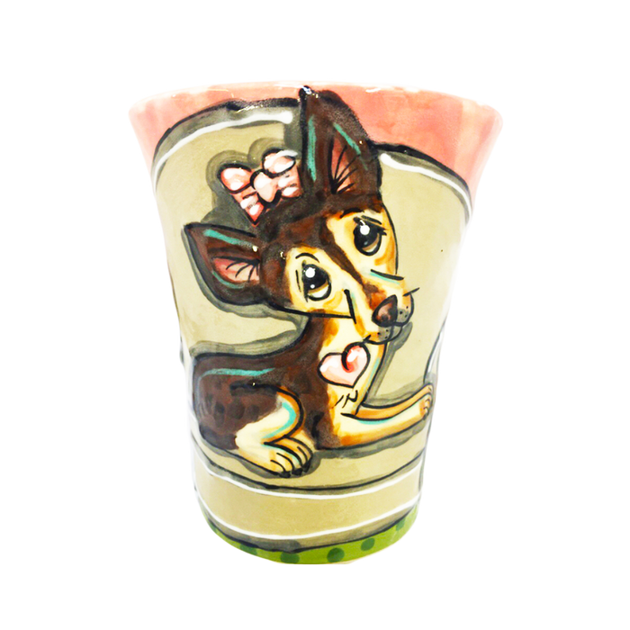 Photo of Chihuahua on sofa with pink bow and heart hand painted by Debby Carman on fine porcelain ceramic 12 oz mug / faux paw productions