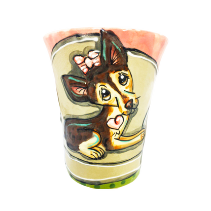 Photo of Chihuahua on sofa with pink bow and heart hand painted by Debby Carman on fine porcelain ceramic 12 oz mug / faux paw productions