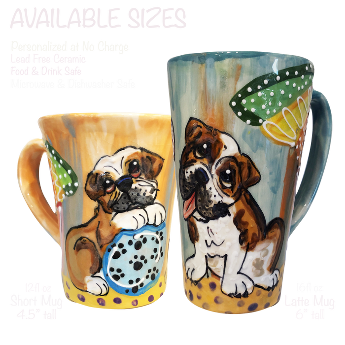 Image of custom dog mug in short coffee and tall latte size featuring English bulldog Hand painted pet portrait ceramic mugs by Debby Carman / faux paw productions