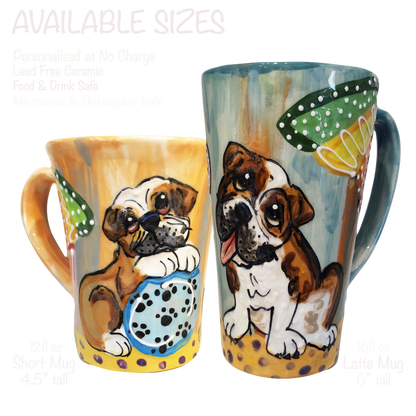 Image of custom dog mug in short coffee and tall latte size featuring English bulldog Hand painted pet portrait ceramic mugs by Debby Carman / faux paw productions
