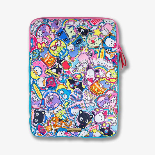 Front view of puffy laptop sleeve with Hello Kitty & Friends stickers print, quilted padding, pink trim and zipper pulls on white background