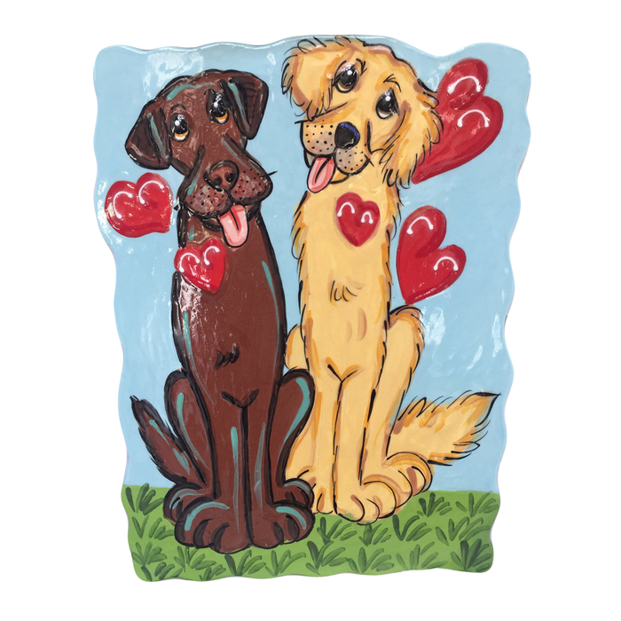 Puppy Love - Labrador & Golden Retriever Heart Balloon Ceramic Tile by Debby Carman