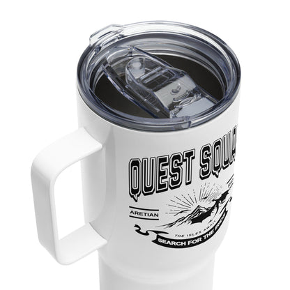 Quest Squad Travel Mug - The Bean Workshop - Aretian Riders, Basgiath, Book Lover Gift, Booktok Merch, Dragon Rider, Empyrean Series, Epic Fantasy, Fourth Wing Gift., Fourth Wing Merch, Iron Flame Merch, Liam Mairi, mug, Quest Squad, Rebecca Yarros, Romantasy, Search for the Irids, Sloane Mairi, travel mug, Vintage Band Tee, Violet Sorrengail, Xaden Riorson