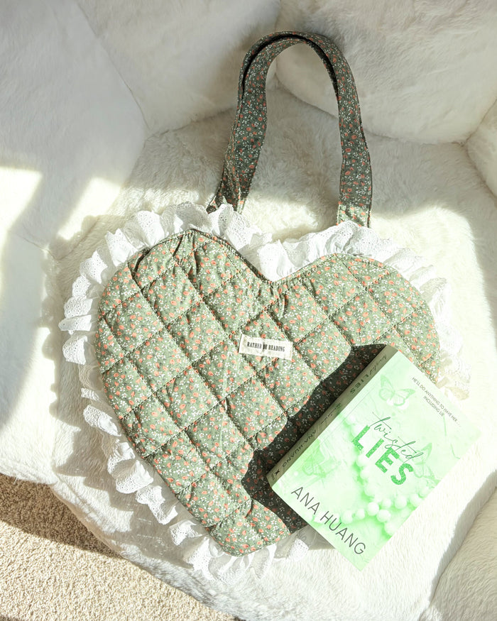 Rather Be Reading Green Quilted Heart Tote Bag with Ruffled Lace Trimming - The Bean Workshop - book girlie, book tote bag, coquette, Coquette Aesthetic, decorative pillow, gift for book lovers, girlie, girly, heart tote, quilted tote, quilted tote bag, reading tote bag, tote bag, valentines gift