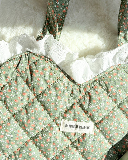 Rather Be Reading Green Quilted Heart Tote Bag with Ruffled Lace Trimming - The Bean Workshop - book girlie, book tote bag, coquette, Coquette Aesthetic, decorative pillow, gift for book lovers, girlie, girly, heart tote, quilted tote, quilted tote bag, reading tote bag, tote bag, valentines gift