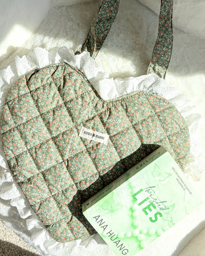 Rather Be Reading Green Quilted Heart Tote Bag with Ruffled Lace Trimming - The Bean Workshop - book girlie, book tote bag, coquette, Coquette Aesthetic, decorative pillow, gift for book lovers, girlie, girly, heart tote, quilted tote, quilted tote bag, reading tote bag, tote bag, valentines gift