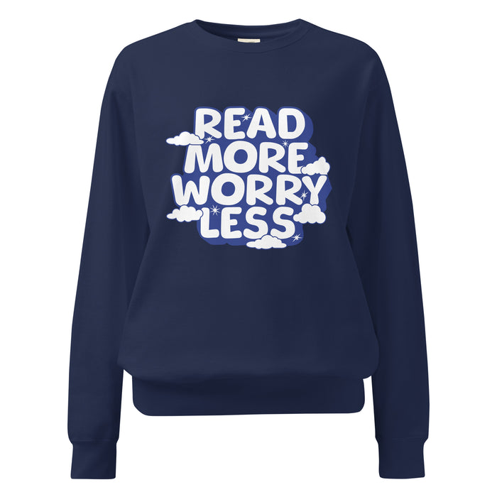 Read More Worry Less Heavyweight Sweatshirt - The Bean Workshop - Anxiety Relief Loungewear, Bookish Summer Collection, Calm Bibliophile Pullover, Cozy Reading Sweater, Read More Worry Less Sweatshirt, sweater, sweatshirt, Whimsical Book Sweatshirt.