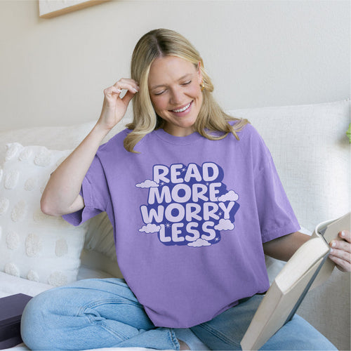 Read More Worry Less T-shirt - The Bean Workshop - Bibliophile Clothing, Book Lover Tee, Bookish Summer Collection, Positive Quote T-shirt., Read More Worry Less T-shirt, Reading for Calm Apparel, Stress Relief Shirt, t-shirt, tee