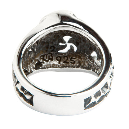 The inside of the solid silver eagle ring band, showing the authentic .925 sterling silver hallmark stamp.