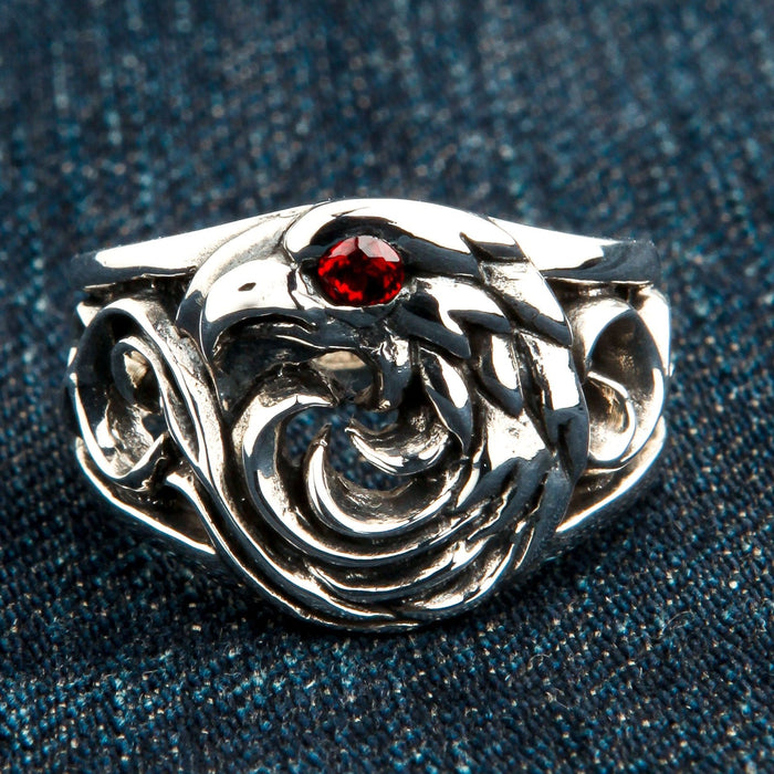 Eagle ring with red cubic zirconia eye