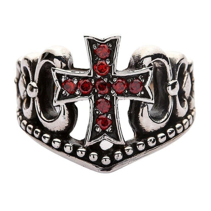 Front view of the Red Garnet 925 Sterling Silver Cross Ring showing nine prong-set cubic zirconia stones against oxidized recesses.