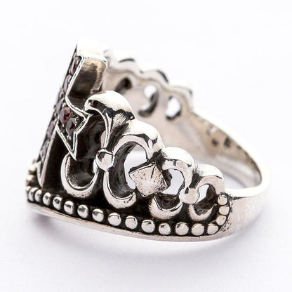 Detailed view of the oxidized silver shank featuring intricate cutout scrollwork, a diamond motif, and beaded bottom edge.