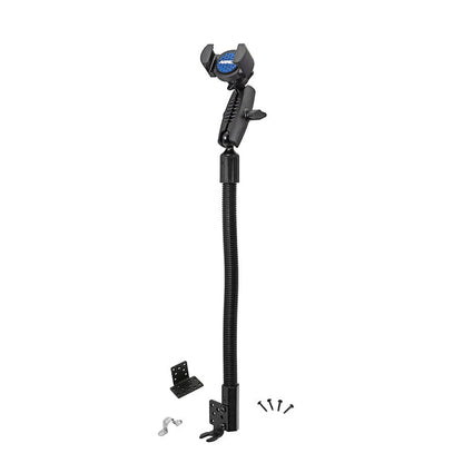The RoadVise® Heavy-Duty Seat Rail or Floor Phone Mount features a black adjustable clamp with a flexible coiled base, mounting brackets, screws, and a hook—shown on a white background.