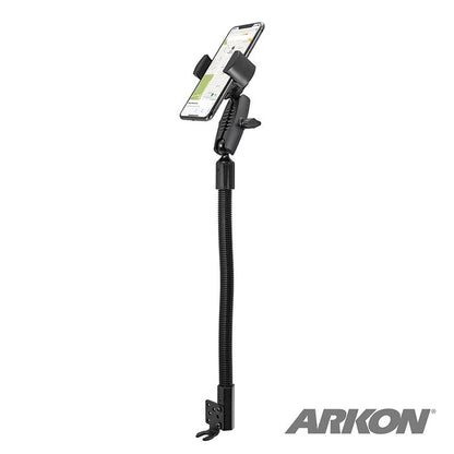 The RoadVise® Heavy-Duty Seat Rail or Floor Phone Mount is a flexible, adjustable black holder that securely clamps your smartphone and features the ARKON logo, attaching to seat rails or floors for versatile use.
