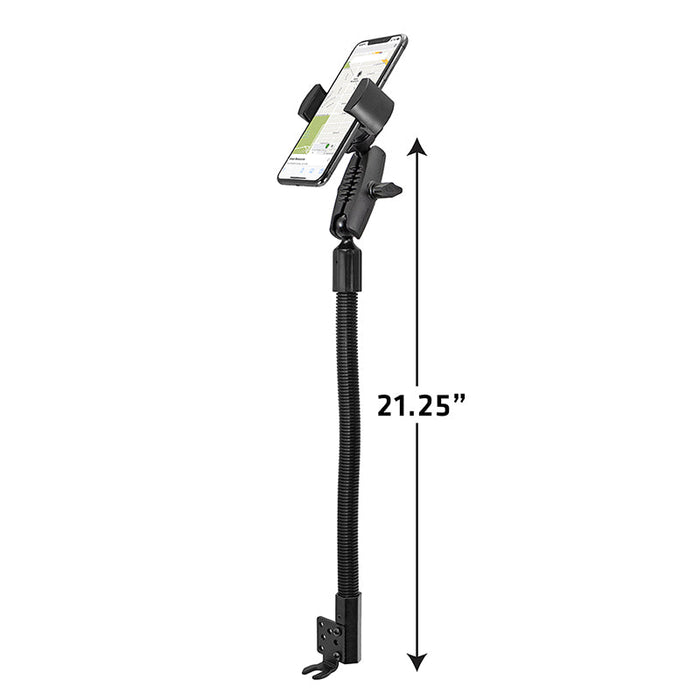 The RoadVise® Heavy-Duty Seat Rail or Floor Phone Mount has a black flexible 21.25-inch gooseneck with a clamp base, holding a smartphone vertically—ideal for hands-free use as a seat rail or floor phone mount.