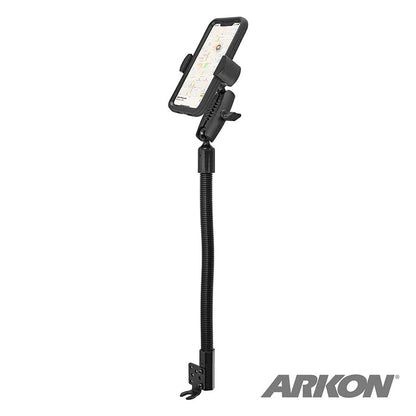 The RoadVise® XL Heavy-Duty Seat Rail or Floor Tablet or Phone Mount is a flexible black holder for your car, securely gripping your device with a clamp at the base. The ARKON logo appears in the bottom right corner, ideal for stable on-the-go navigation.