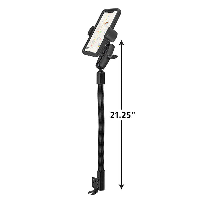 The RoadVise® XL Heavy-Duty Seat Rail or Floor Tablet or Phone Mount is a 21.25-inch black, adjustable gooseneck holder with clamp base—ideal for securely mounting your device in your car, whether it’s a phone displaying a map or a tablet.