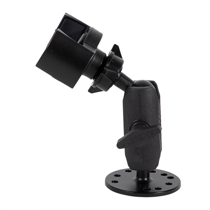 The RoadVise® XL Holder with Circular Drill-Base Mount is a black adjustable phone holder with multiple holes, a swivel joint, and a rectangular clamp for securely holding devices or equipment.