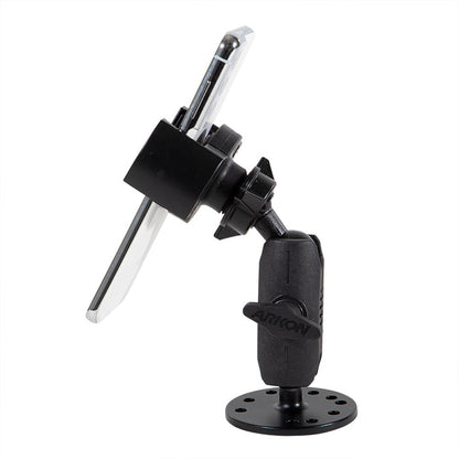 The RoadVise® XL Holder with Circular Drill-Base Mount securely holds your smartphone in landscape mode, features a rotating joint for adjustable positioning, and offers stable desk or wall mounting.