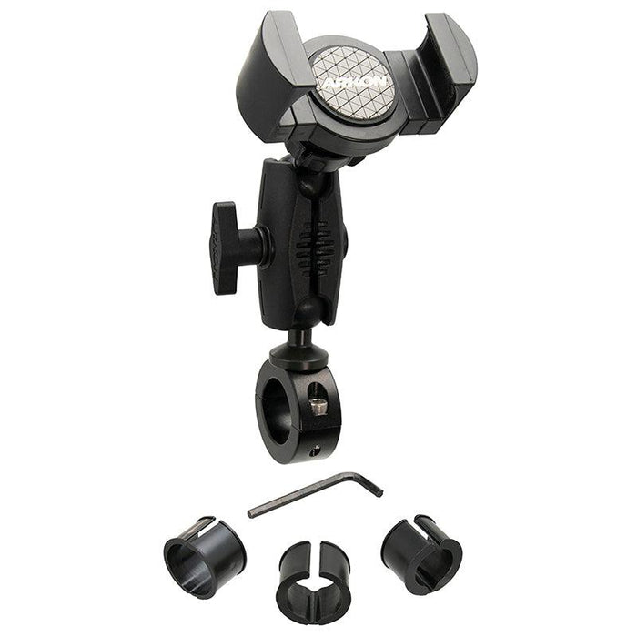 The RoadVise® XL Phone and Midsize Tablet Holder features an adjustable handlebar collar mount, a 2.75 shaft, rotating clamp, tightening knob, three spacer inserts, and an Allen wrench—all shown against a white background.