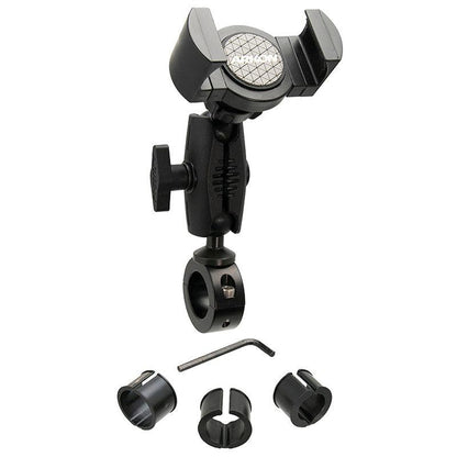 The RoadVise® XL Phone and Midsize Tablet Holder features an adjustable handlebar collar mount, a 2.75 shaft, rotating clamp, tightening knob, three spacer inserts, and an Allen wrench—all shown against a white background.