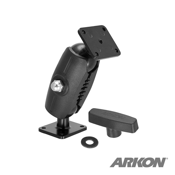 The Robust™ 5.4 inch Metal AMPS Mount with Security Hardware (38mm/1.5 inch ball compatible) is shown with a square base, top plate, tightening knob, washer, and rectangular cover on a white background with the ARKON logo.
