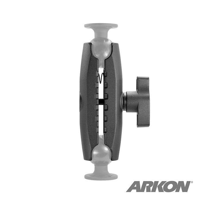 A close-up shows the black and gray Robust™ Series 8 inch Metal Mount Shaft (57mm/2.25 ball compatible) with an adjustable clamp and tightening knob, part of Arkons heavy-duty mounting solutions. Arkon logo appears in the lower right corner.