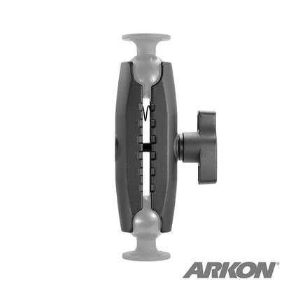 A close-up shows the black and gray Robust™ Series 8 inch Metal Mount Shaft (57mm/2.25 ball compatible) with an adjustable clamp and tightening knob, part of Arkons heavy-duty mounting solutions. Arkon logo appears in the lower right corner.