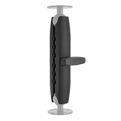 The Robust™ Series 8.5 inch Metal Mount Shaft is a heavy-duty, black adjustable mount with 38mm (1.5 inch) ball compatibility, featuring a central knob and round bases for securely attaching devices or accessories.