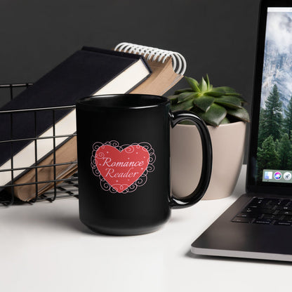 Romance Reader Black Glossy Mug - The Bean Workshop - Book Club, Bookaholic, Bookish Mug, Coquette Coffee Mug, Cute, Galentine's Day, Gift for Her, Heart Design, Romance Reader Mug, Romantic, Spicy Books, Tea Mug, Valentine's Day Gift for Bookworm