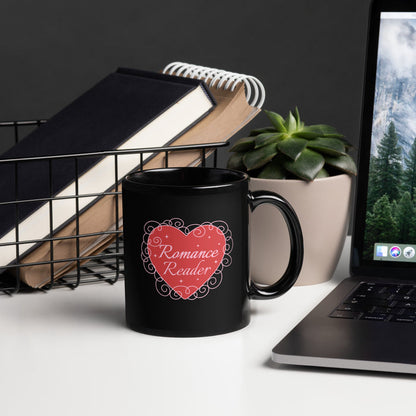 Romance Reader Black Glossy Mug - The Bean Workshop - Book Club, Bookaholic, Bookish Mug, Coquette Coffee Mug, Cute, Galentine's Day, Gift for Her, Heart Design, Romance Reader Mug, Romantic, Spicy Books, Tea Mug, Valentine's Day Gift for Bookworm