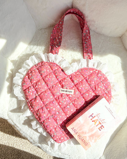 Romance Reader Red Quilted Heart Tote Bag with Ruffled Lace Trimming - The Bean Workshop - book girlie, book tote bag, coquette, decorative pillow, gift for book lovers, girlie, heart bag, heart tote, quilted tote, quilted tote bag, reading tote bag, romance reader, tote bag, valentines gift