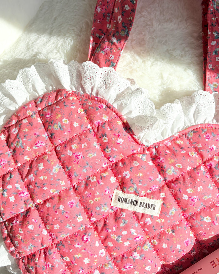 Romance Reader Red Quilted Heart Tote Bag with Ruffled Lace Trimming - The Bean Workshop - book girlie, book tote bag, coquette, decorative pillow, gift for book lovers, girlie, heart bag, heart tote, quilted tote, quilted tote bag, reading tote bag, romance reader, tote bag, valentines gift