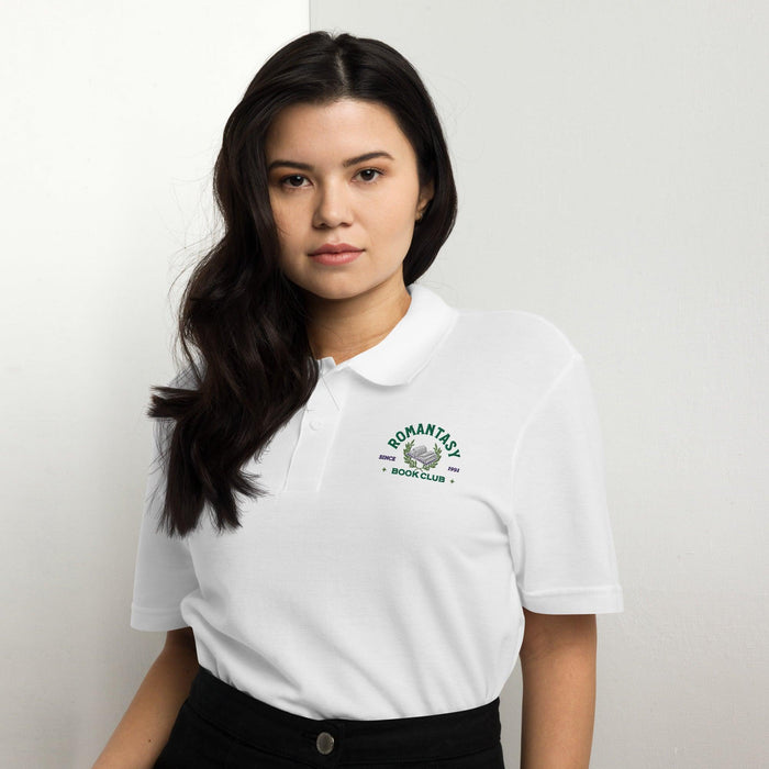 Romantasy Book Club Pique Polo Shirt - The Bean Workshop - book lover, bookish, embroidered, polo shirt, read everyday, retro, vintage